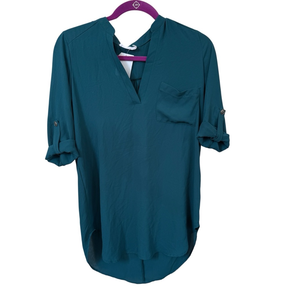 Lush Roll Tab Sleeve Blouse XS Teal‎ Blue High-Low Tunic Top Wardrobe Staple Y2K